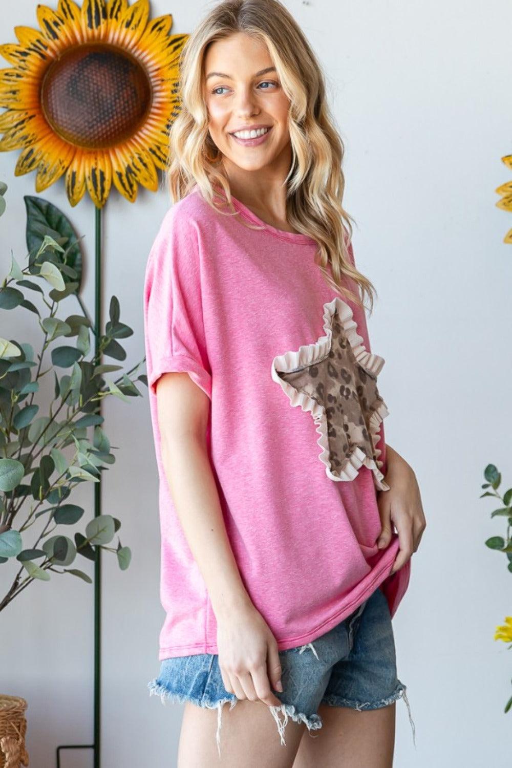 HOPELY Leopard Star Patch Short Sleeve T-Shirt T-Shirts