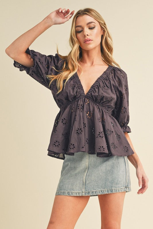 Aemi + Co Eyelet Embroidered V-Neck Half Sleeve Peplum Blouse Plum Purple Blouses