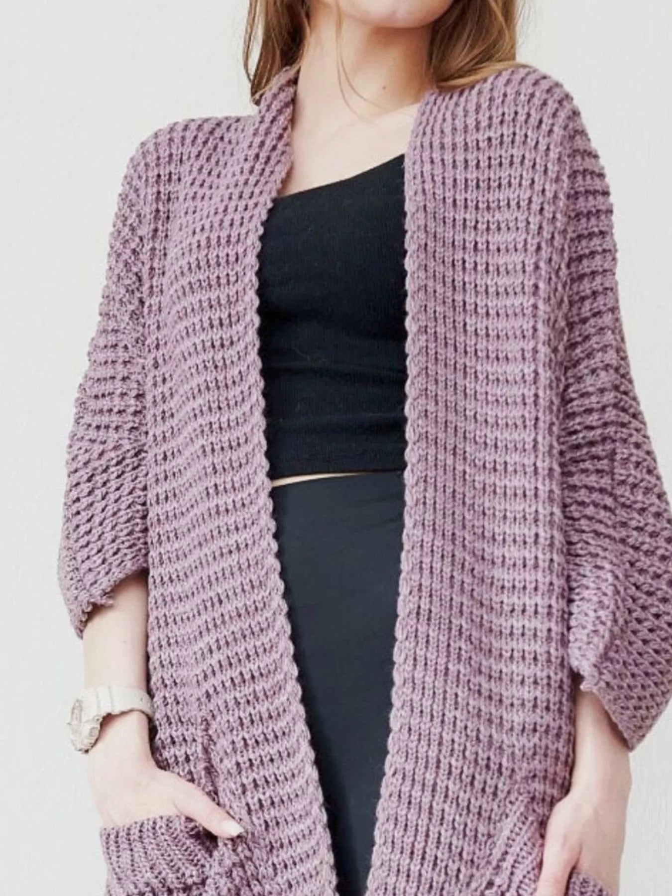 Soft lavender full-size chunky knit open front cardigan with waffle texture