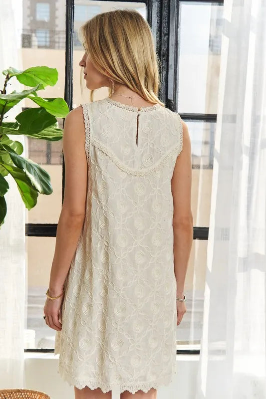 ADORA Applique Round Neck Sleeveless Shift Dress Mini Dresses