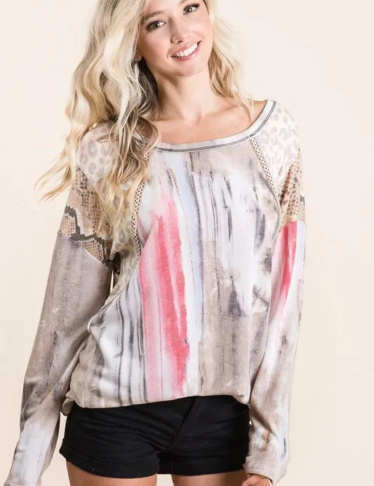 TAUPE VINTAGE RED BiBi Tie Dye Knit Top with Print Block Shoulder | Tops Daverri Fashions