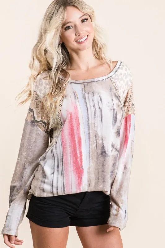 BiBi Tie Dye Knit Top with Print Block Shoulder TAUPE VINTAGE RED