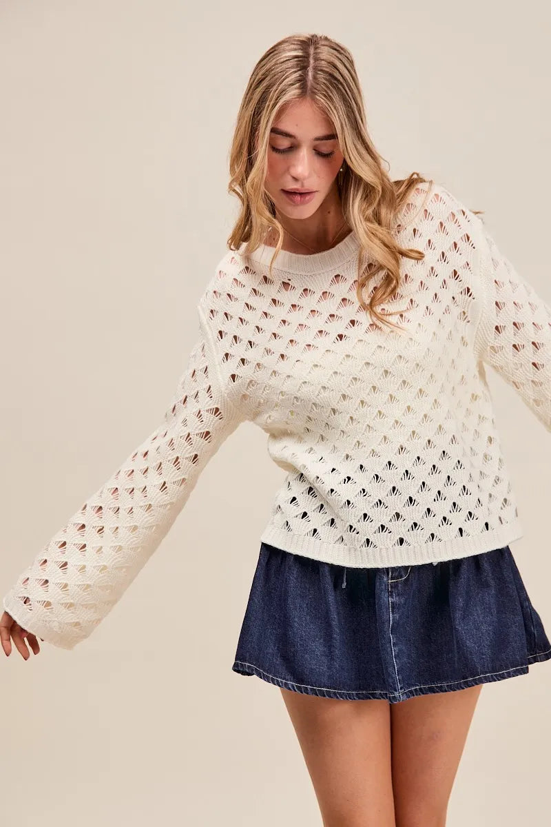 SO ME Geometric Pattern Open Knit Lightweight Sweater IVORY Sweaters