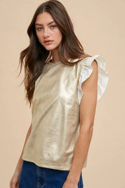 Annie Wear Mix Media Metallic Knit Ruffle Sleeve Top | Tops Daverri Fashions