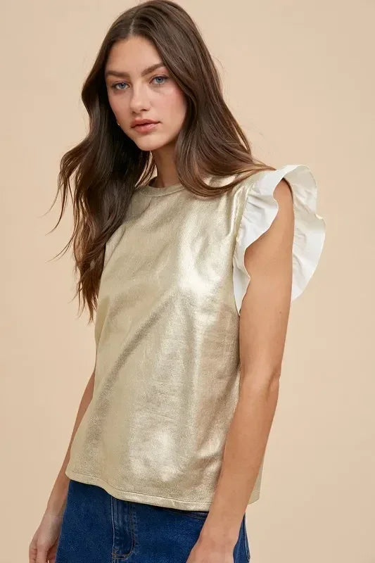 Annie Wear Mix Media Metallic Knit Ruffle Sleeve Top - DAVERRI FASHIONS