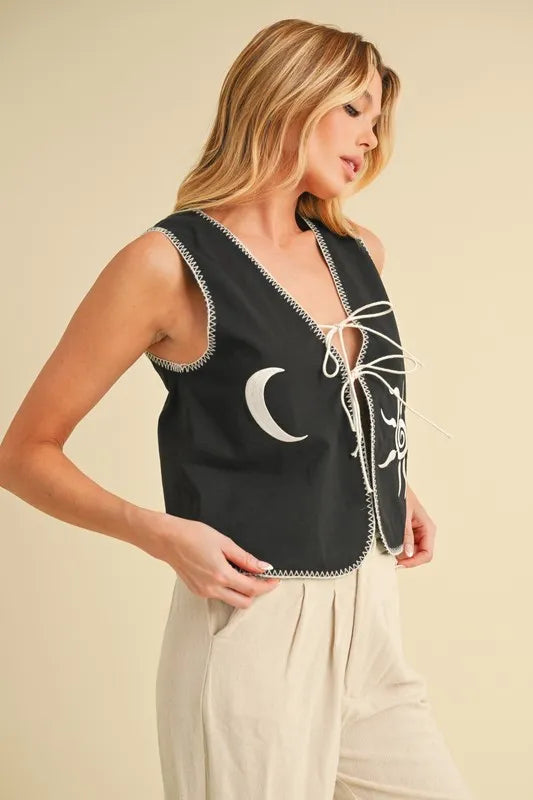 Aemi+Co Embroidered Tied Front Vest Coat