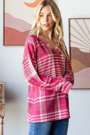 Heimish Plaid Drop Shoulder V-Neck T-Shirt | Daverri Fashions