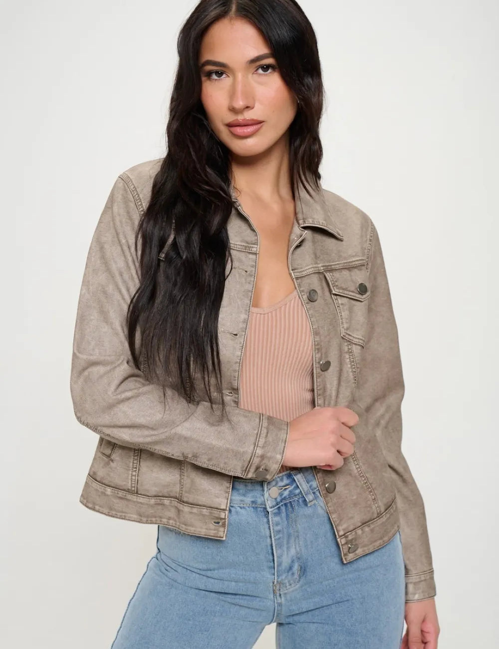 Khaki L Coalition LA Button Down Cargo Vegan Leather Shacket | Shackets Daverri Fashions