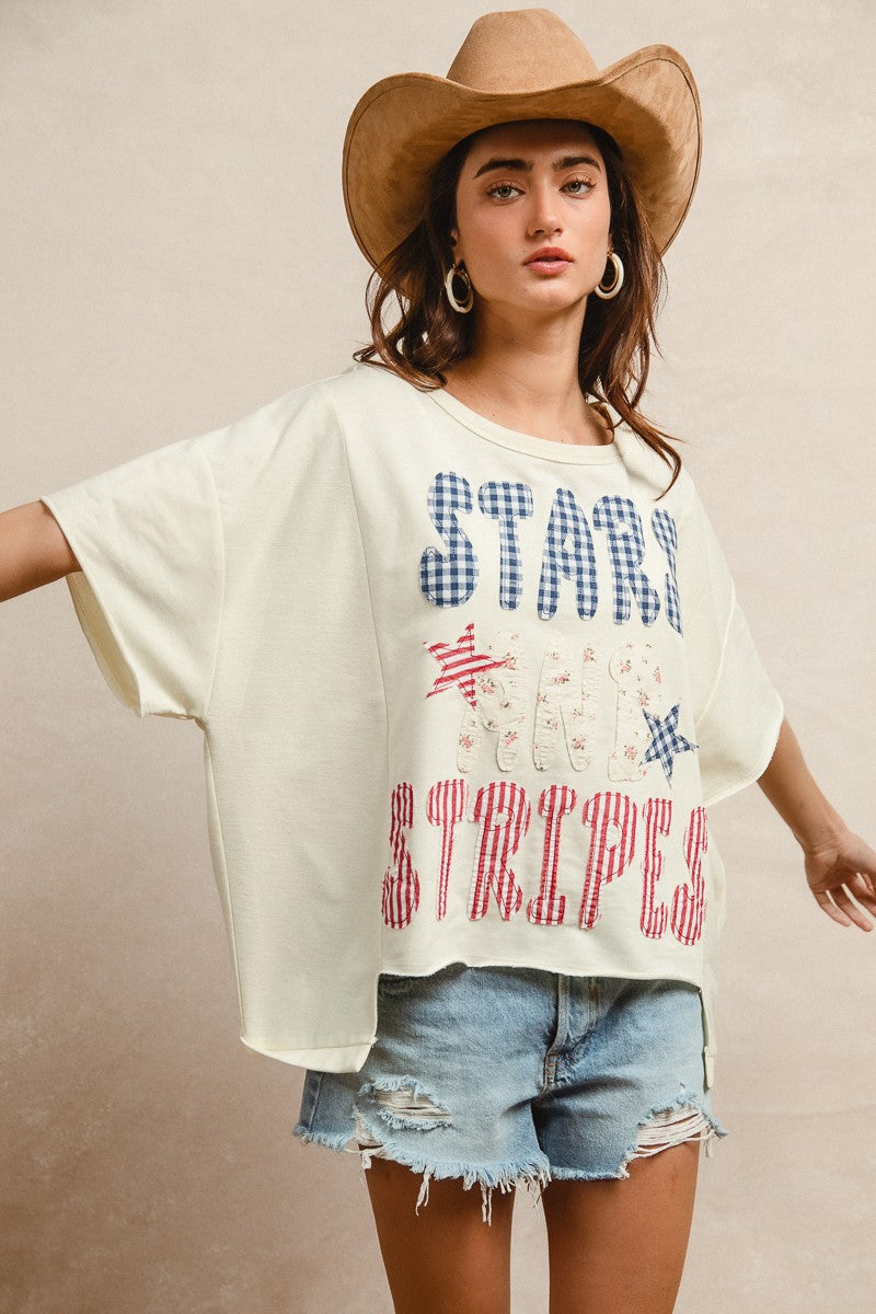 BiBi Mix And Match Stars And Stripes Patchwork T-Shirt, cream oversized with blue red stay stripes print