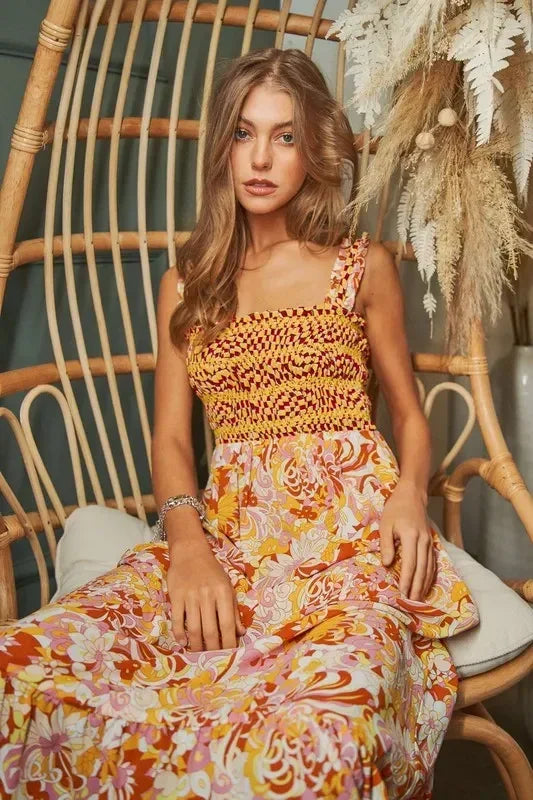 Davi & Dani Multi Smocked Bodice Geo Ruffle Strappy Midi Dress - DAVERRI FASHIONS