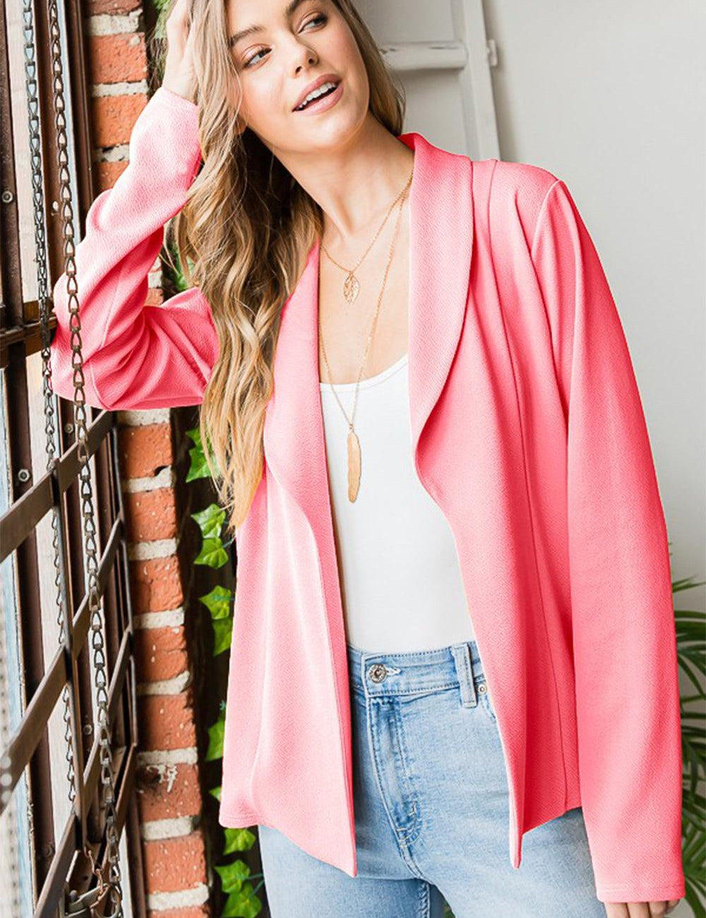 NEONPINK Heimish Open Front Long Sleeve Blazer | Daverri Fashions