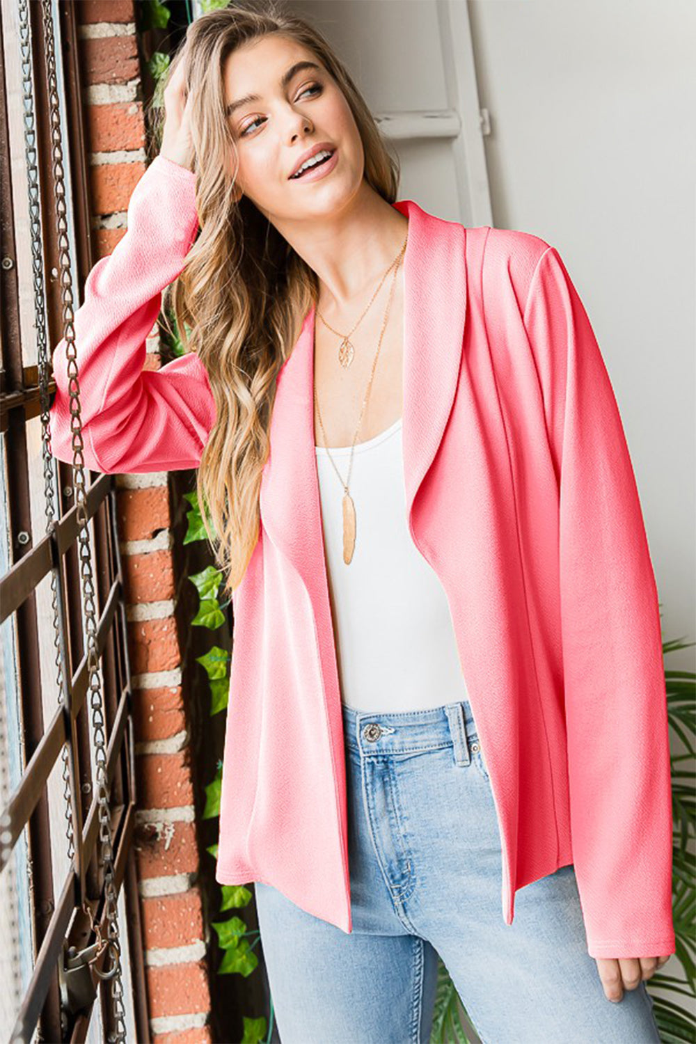 Heimish Open Front Long Sleeve Blazer NEONPINK