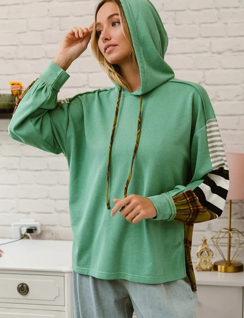 BiBi Plaid With Stripes Mix Match French Terry Hoodie | Hoodies Daverri Fashions