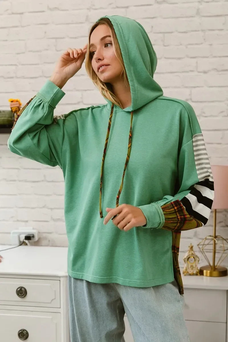 BiBi Plaid With Stripes Mix Match French Terry Hoodie - DAVERRI FASHIONS