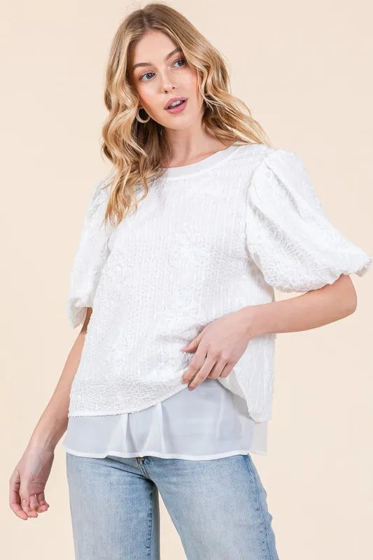 Lime 'N' Chili Floral Textured Puff Sleeve Top WHITE