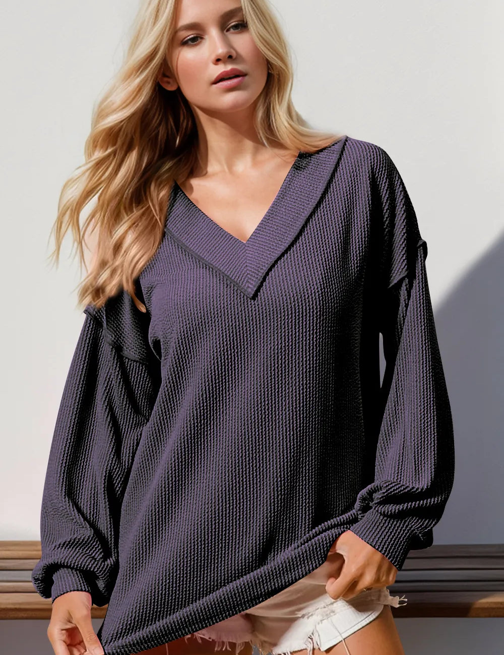 Purple Double Take Exposed Seam Ribbed Textured V-Neck Long Sleeve T-Shirt | T-Shirts Daverri Fashions