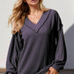 Double Take Exposed Seam Ribbed Textured V-Neck Long Sleeve T-Shirt - DAVERRI FASHIONS