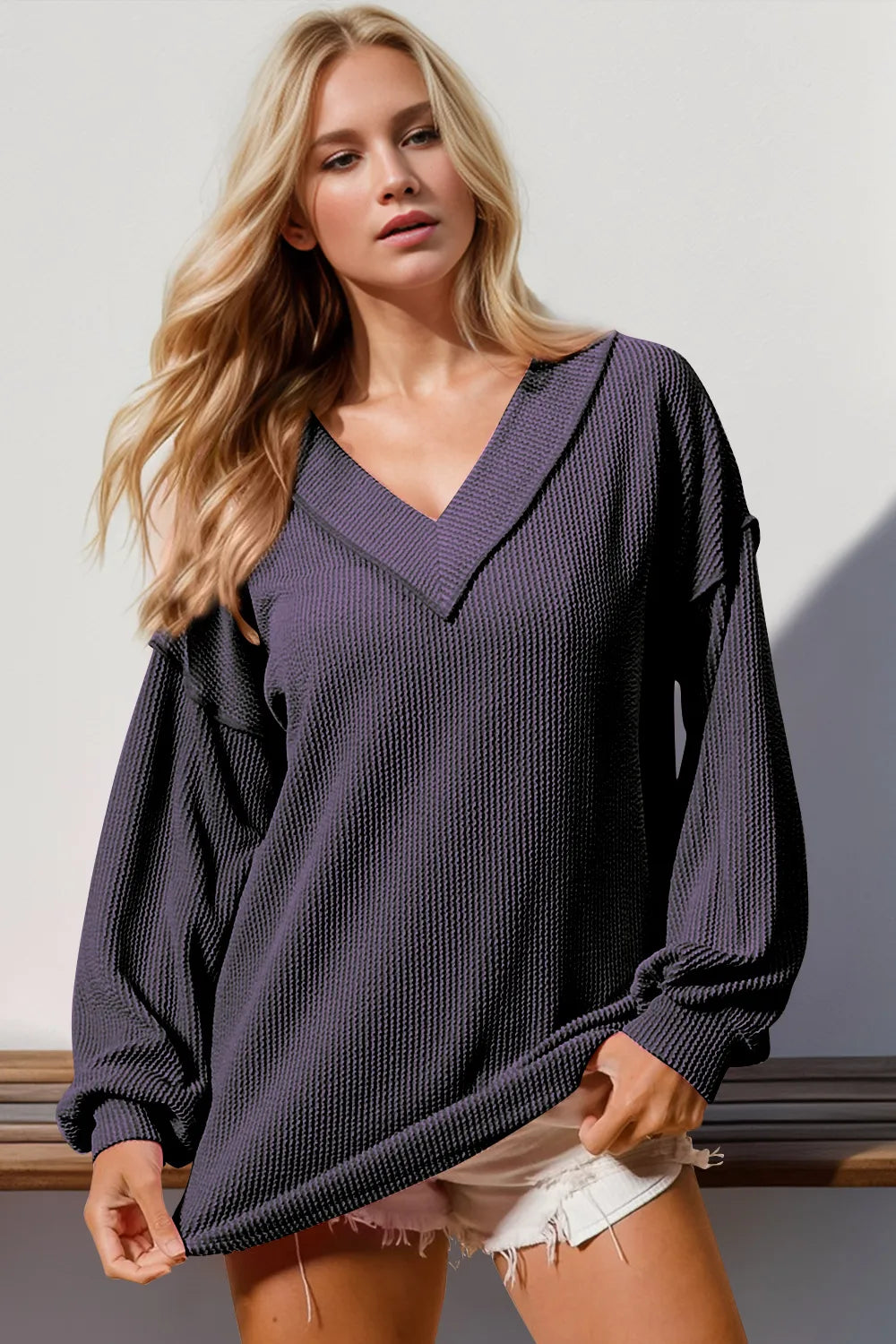 Purple Double Take Exposed Seam Ribbed Textured V-Neck Long Sleeve T-Shirt | T-Shirts Daverri Fashions