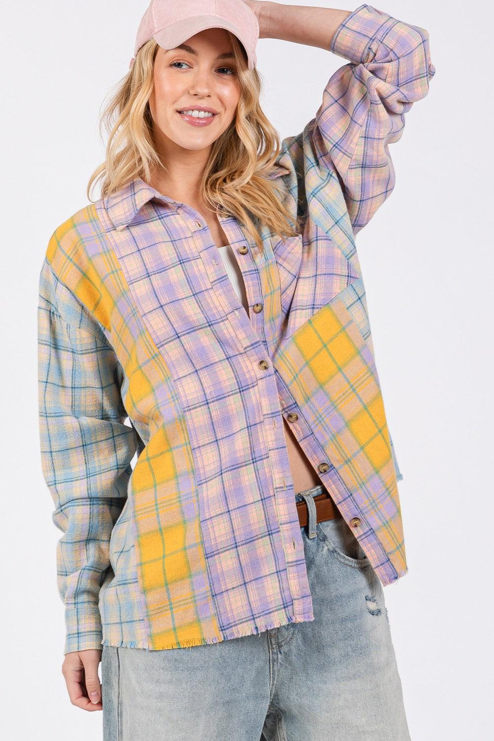 SAGE + FIG Button Up Raw Hem Plaid Flannel Shirt Shirts
