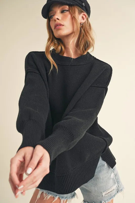 Aemi+Co Ribbed Hem Side Slit Round Neck Sweater BLACK