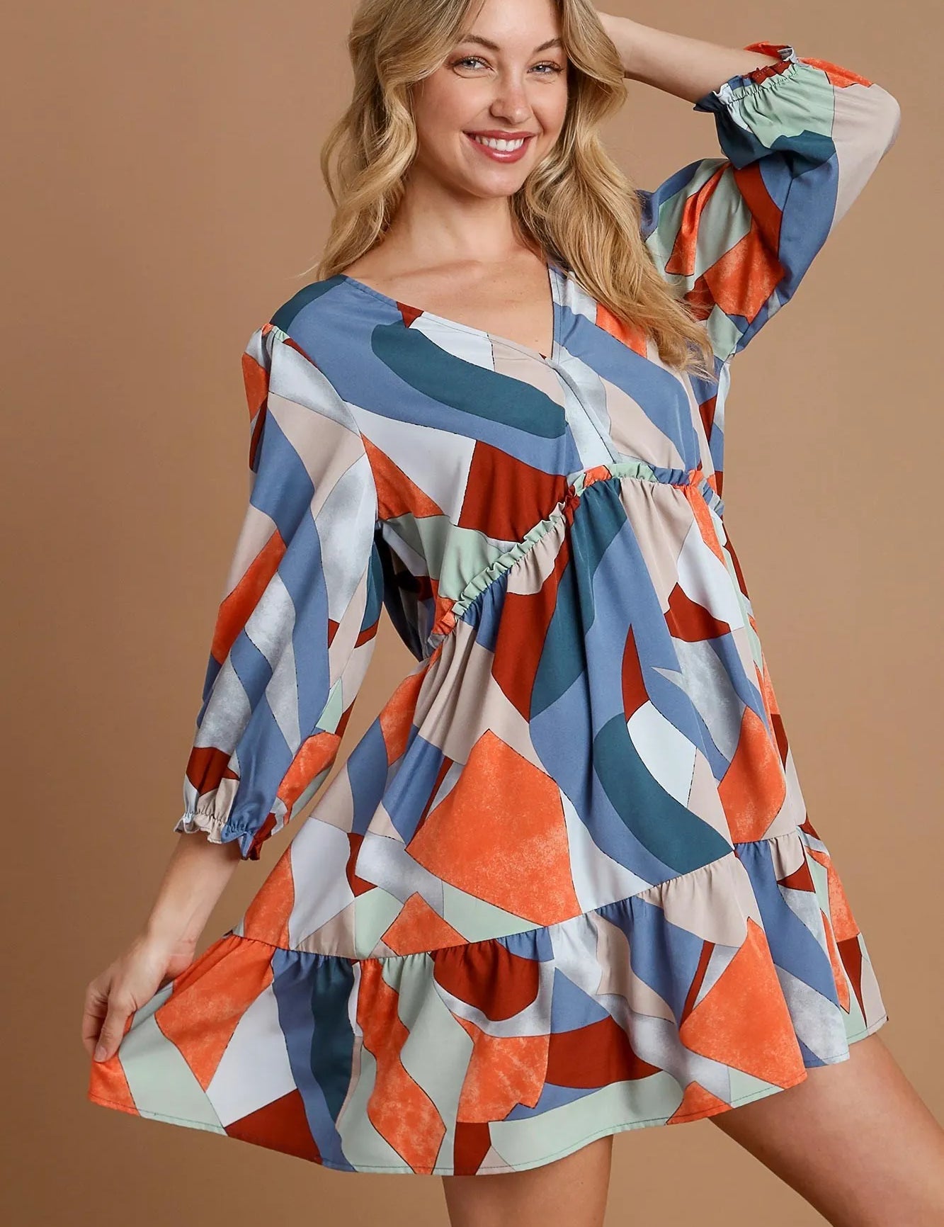 Umgee Abstract V-Neck Tiered Printed Dress | Daverri Fashions