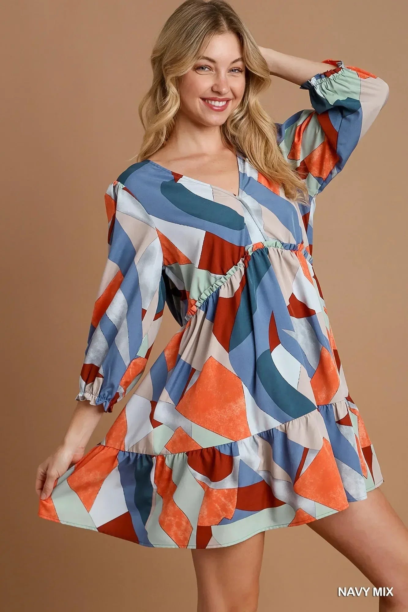 Umgee Abstract V-Neck Tiered Printed Dress - DAVERRI FASHIONS