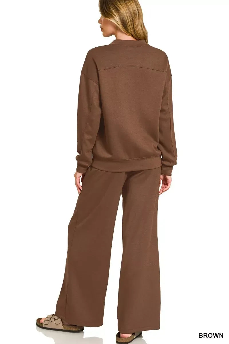 Zenana Scuba Crewneck Pullover and Pants Set Brown - DAVERRI FASHIONS