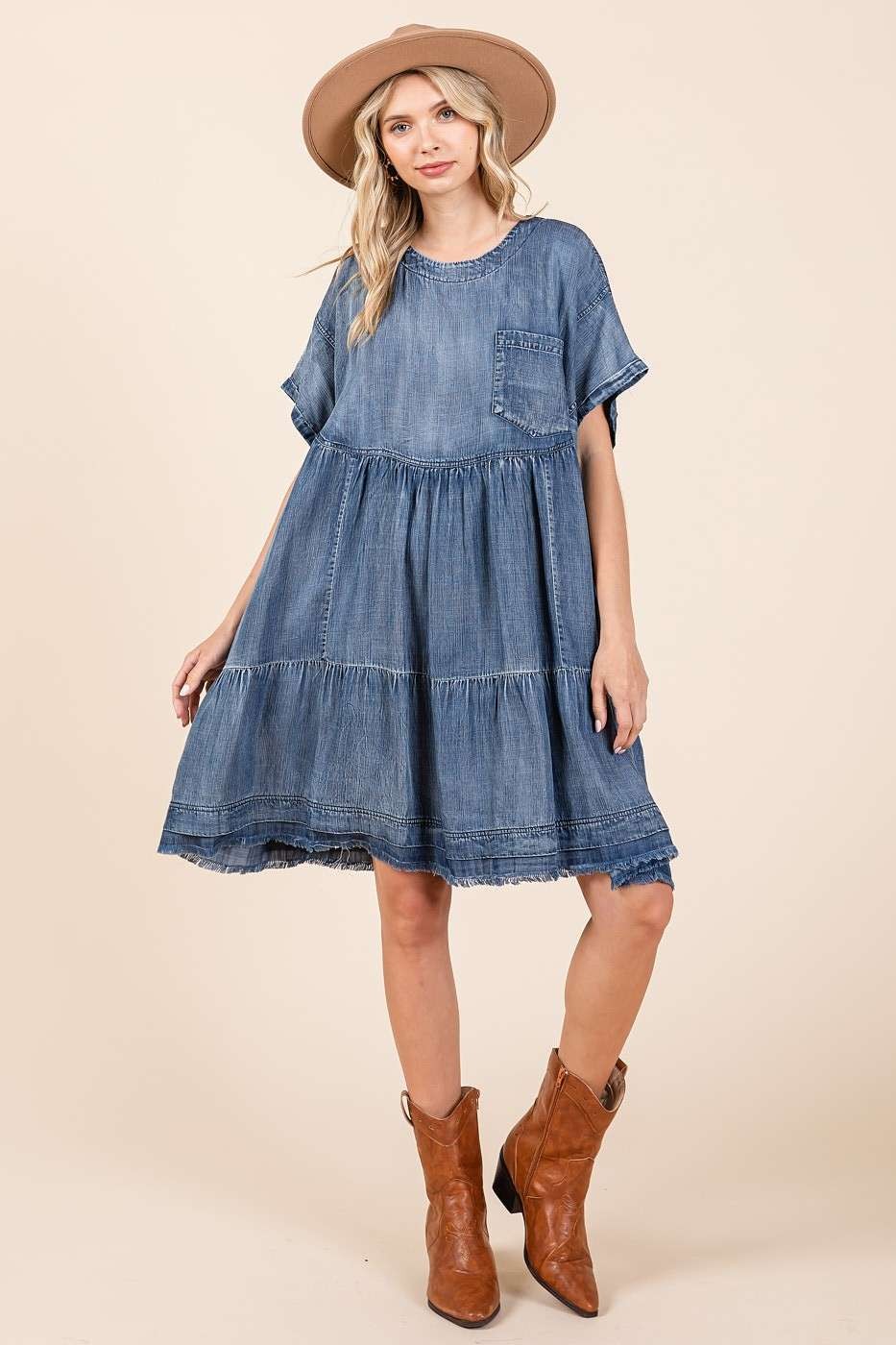 Mittoshop Washed Chambray Denim Oversized Tier Mini Dress Mini Dresses