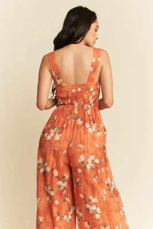 Davi & Dani Floral Ruffle Square Neck Smocking Bodice Jumpsuit Jumpsuits