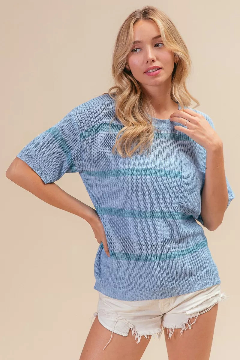 BiBi Patch Pocket Striped Lightweight Sweater Top in light blue horizontal stripes