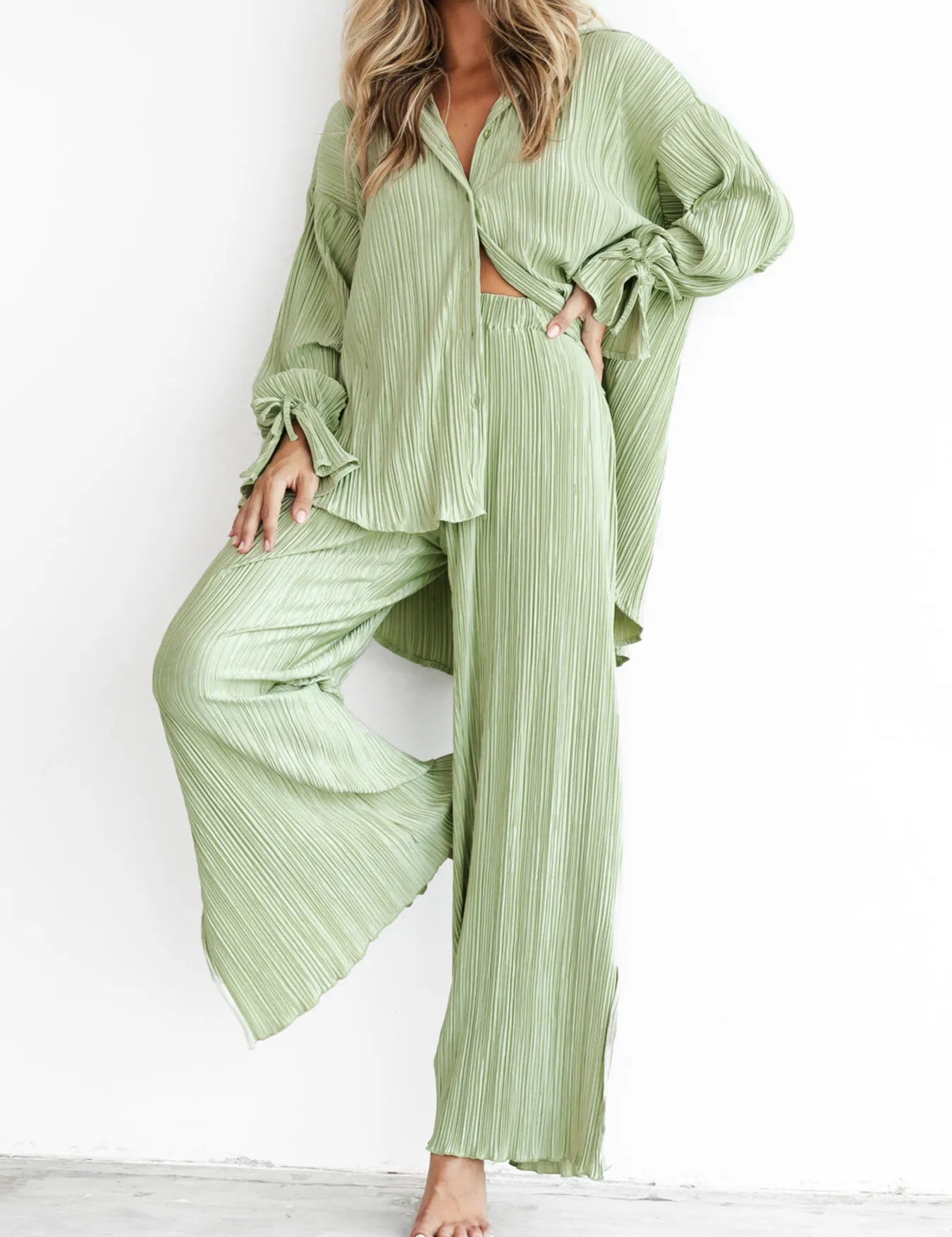 Light Green Button Up Long Sleeve Top and Pants Set | Outfit Sets Daverri Fashions