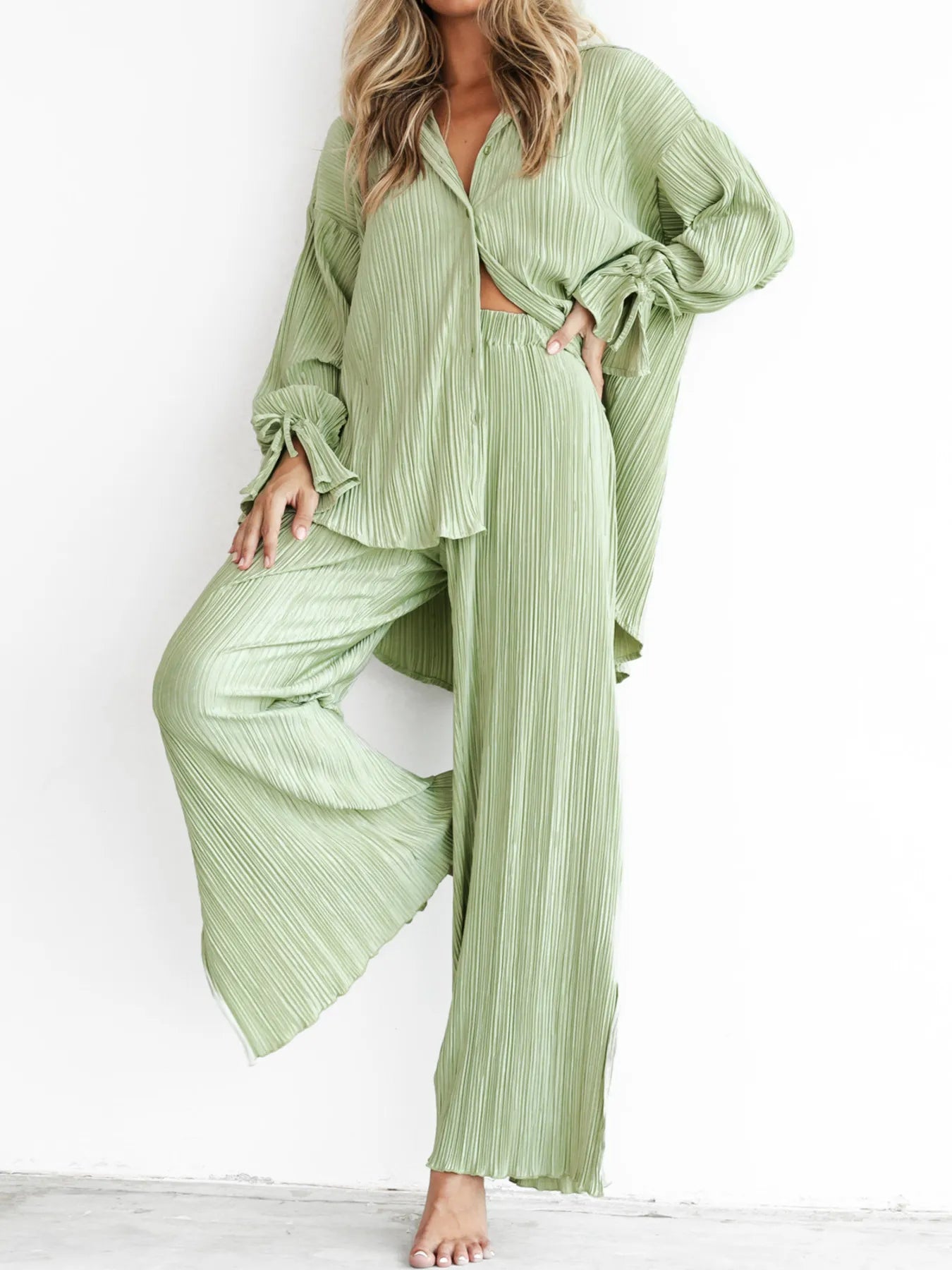 Light Green Button Up Long Sleeve Top and Pants Set | Outfit Sets Daverri Fashions