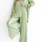 Button Up Long Sleeve Top and Pants Set - DAVERRI FASHIONS