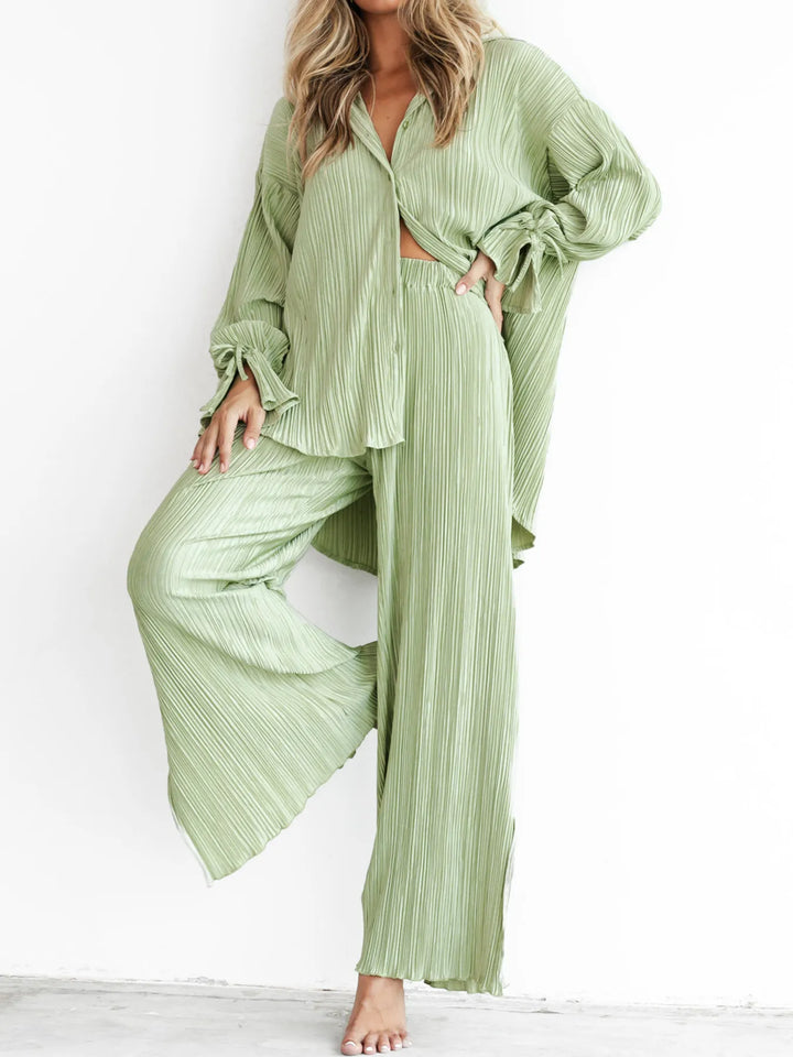 Light Green Button Up Long Sleeve Top and Pants Set | Outfit Sets Daverri Fashions