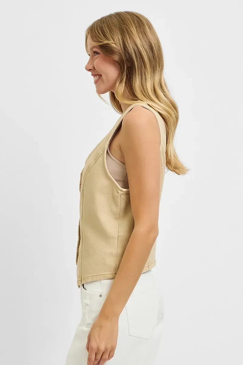 RISEN Full Size V Neck Button Down Vest Plus Size - DAVERRI FASHIONS