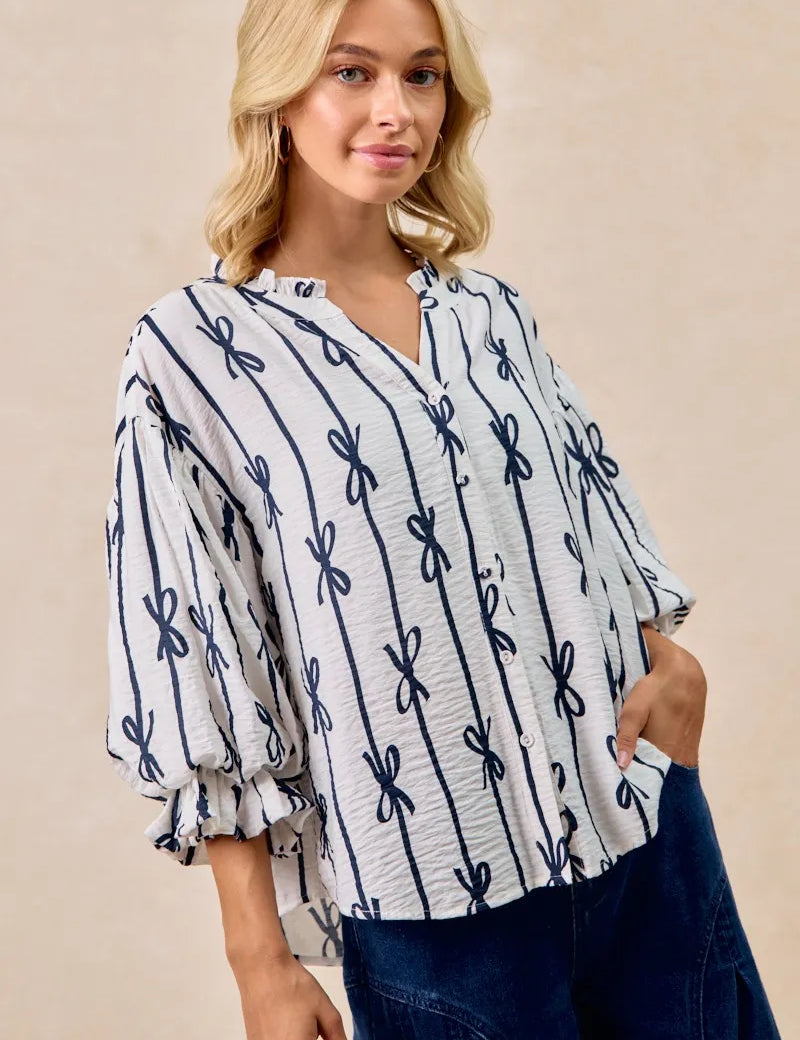 OFF WHITE BiBi Bow Ribbon Printed Woven Bubble Sleeves Top | Shirts Daverri Fashions