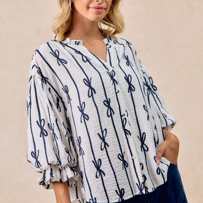 OFF WHITE BiBi Bow Ribbon Printed Woven Bubble Sleeves Top | Shirts Daverri Fashions