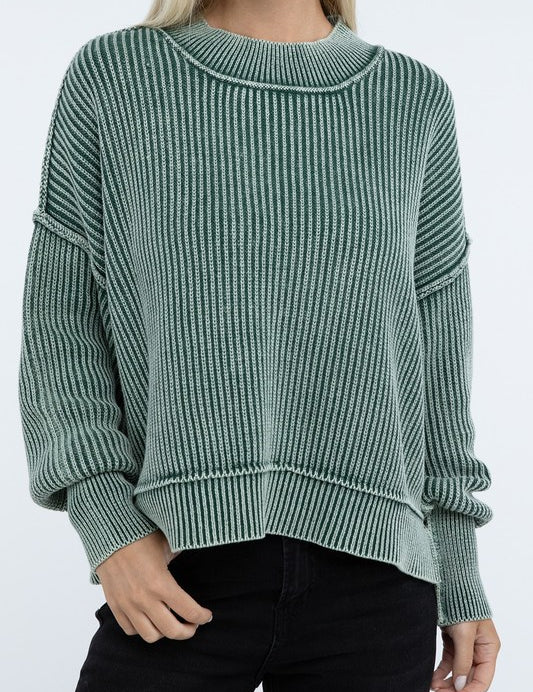 Washed Side Slit Oversized Cropped Cotton Sweater Tops