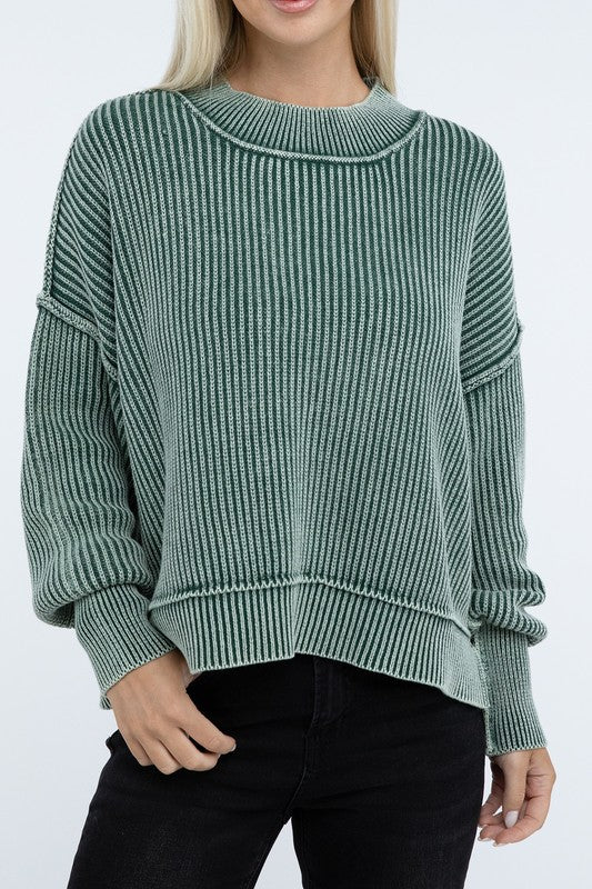 Washed Side Slit Oversized Cropped Cotton Sweater Tops