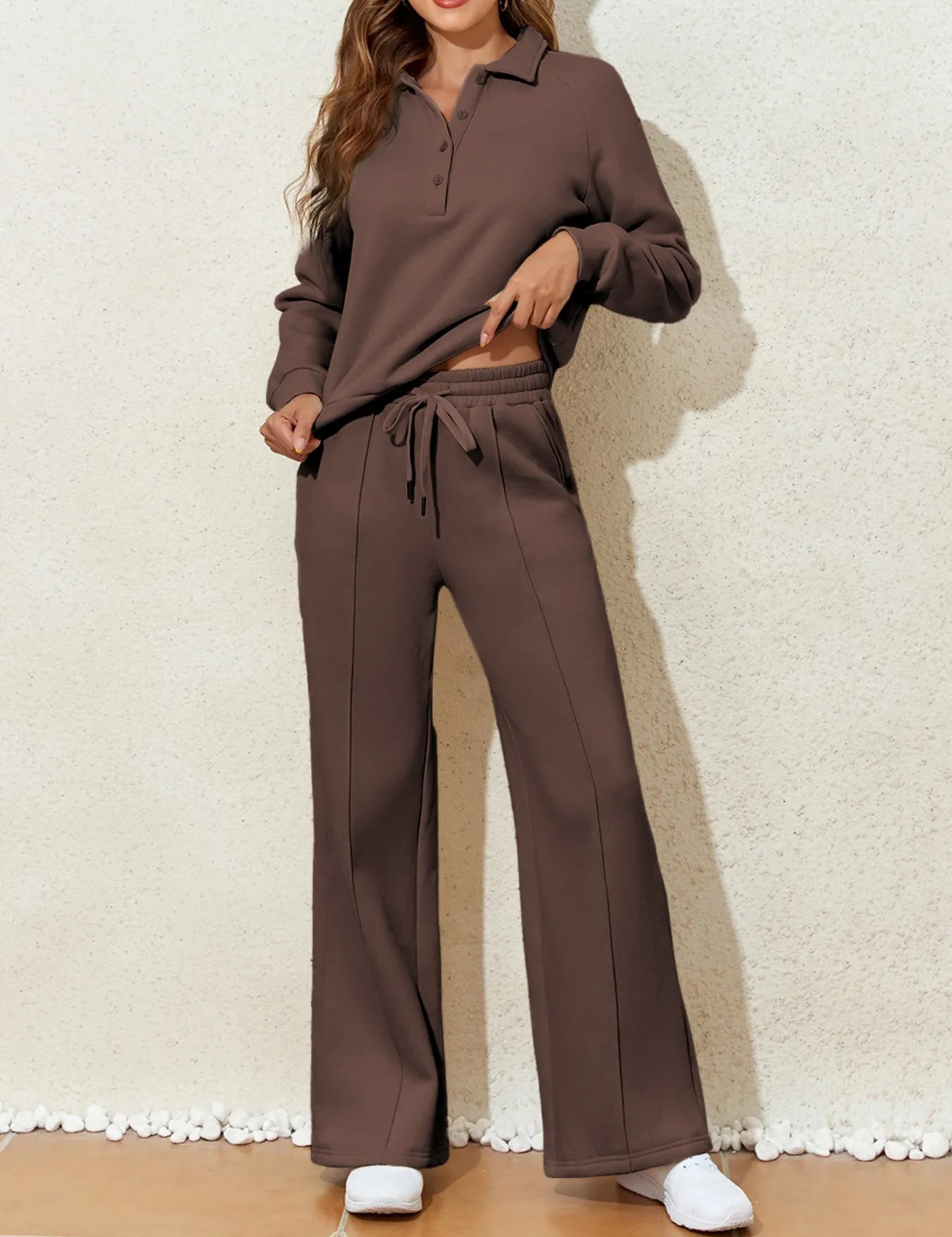 Brown Collared Sweatshirt and High Waist Pants Active Set | Daverri Fashions