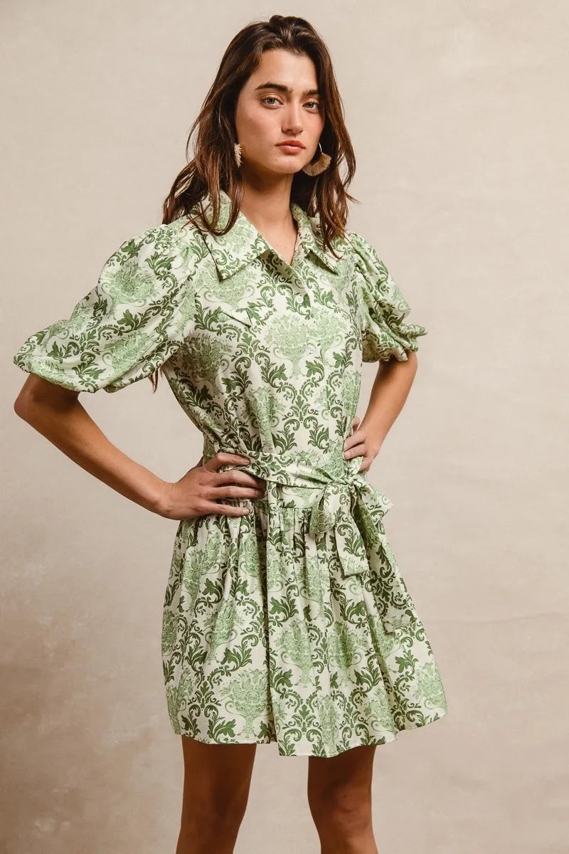 BiBi Tied Floral Short Sleeve Mini Shirt Dress | Mini Dresses Daverri Fashions