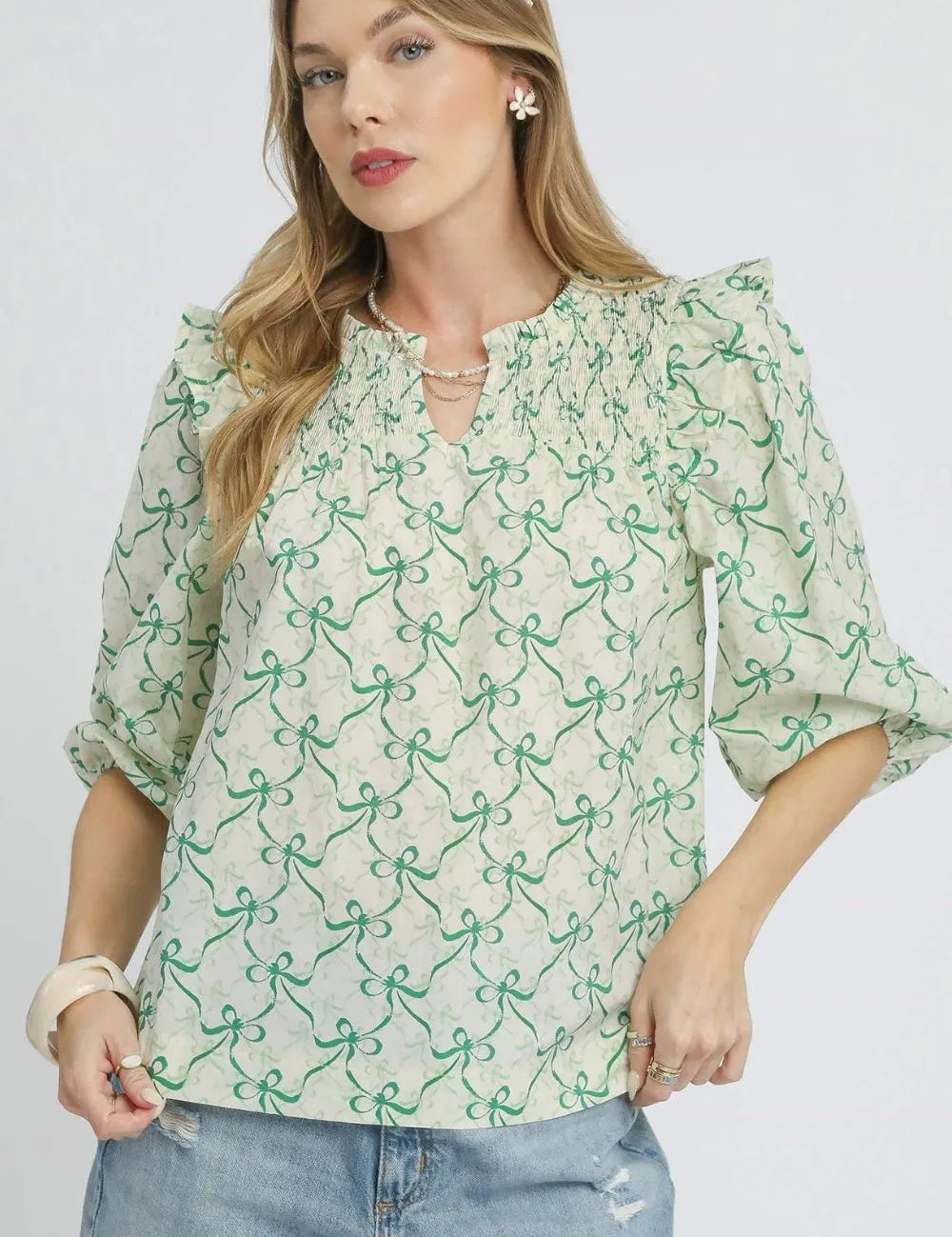 Green Umgee Ruffled Bow Print Notched Blouse | Daverri Fashions