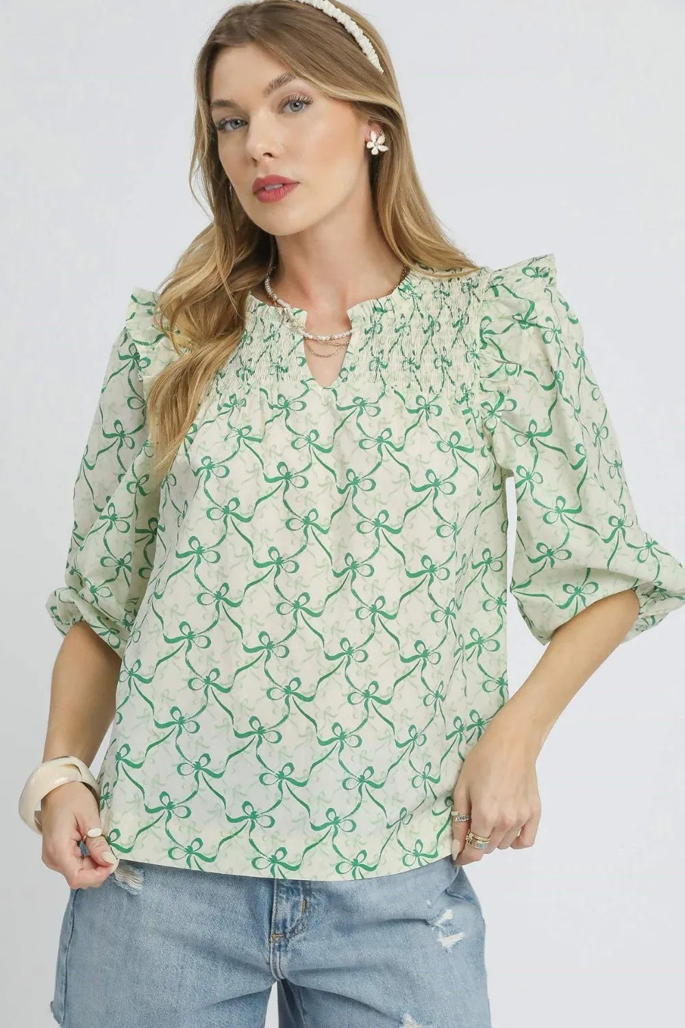 Green Umgee Ruffled Bow Print Notched Blouse | Daverri Fashions
