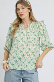 Green Umgee Ruffled Bow Print Notched Blouse | Daverri Fashions