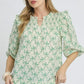Umgee Ruffled Bow Print Notched Blouse - DAVERRI FASHIONS