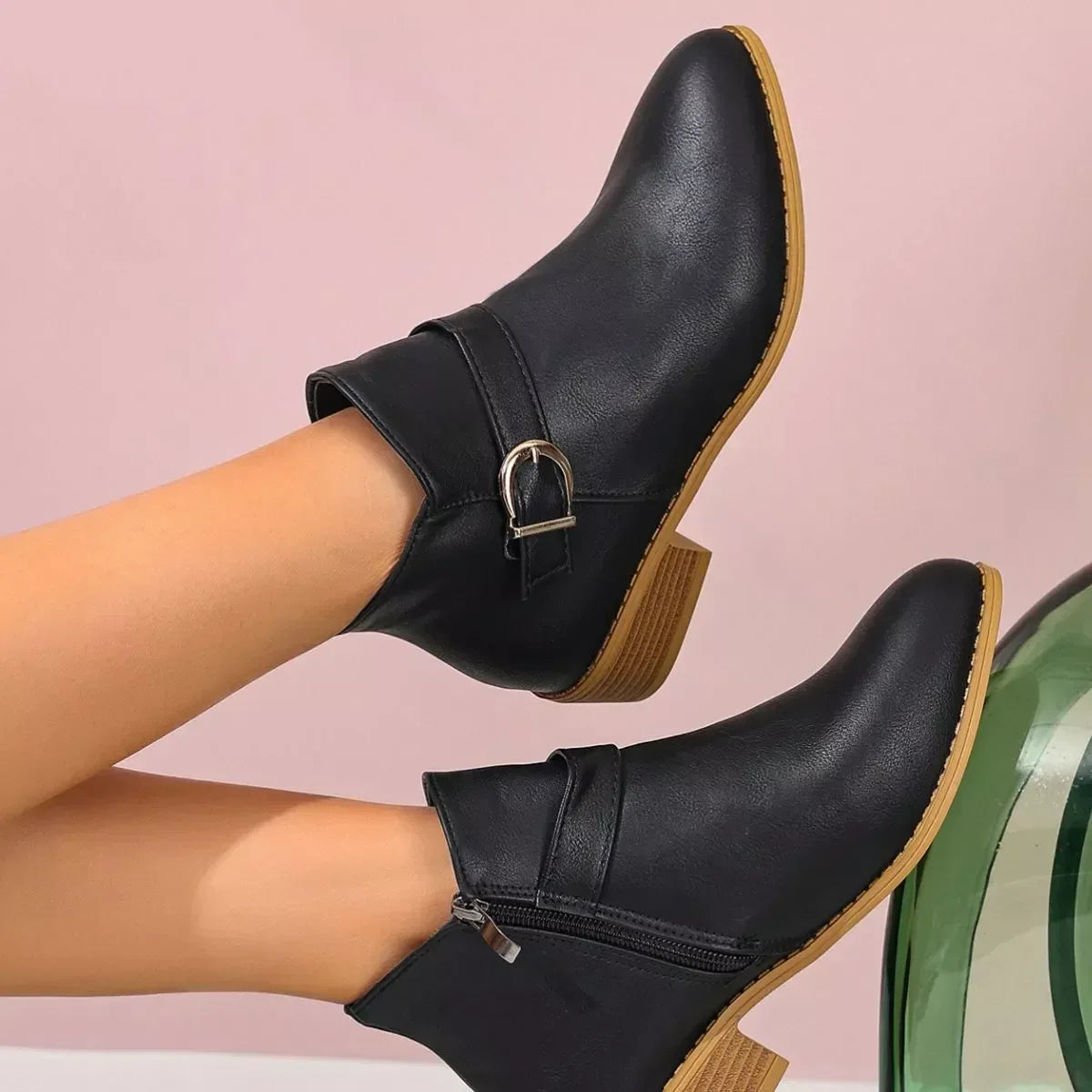 Side Zip Point Toe Block Heeled Ankle Boots - DAVERRI FASHIONS