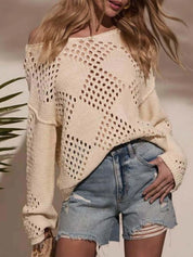 Openwork Boat Neck Long Sleeve Sweater | Sweaters Daverri Fashions