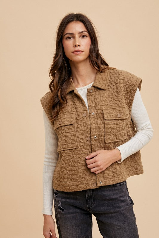 Annie Wear Puzzle Quilted Snap Down Vest Coat Caramel Tops