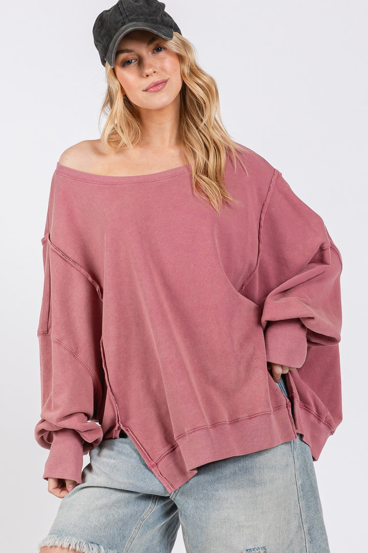 SAGE + FIG Mineral Wash Side Slit Oversized Sweatshirt Mulberry