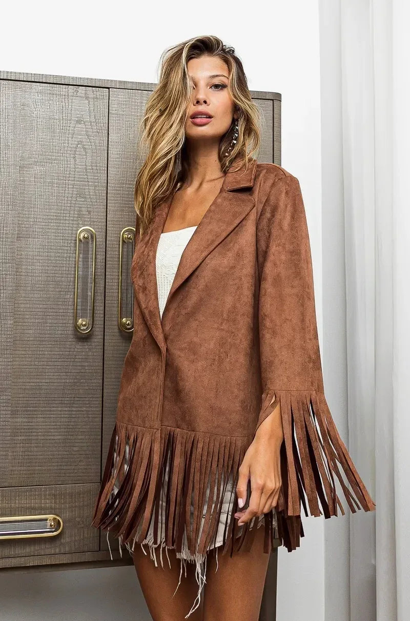 BiBi Single Blazer with Fringed Hem - DAVERRI FASHIONS